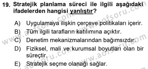 Kentsel ve Çevresel Koruma Dersi 2020 - 2021 Yılı Yaz Okulu Sınav Soruları 19. Soru