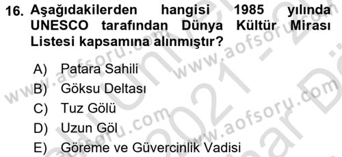 Kentsel ve Çevresel Koruma Dersi 2021 - 2022 Yılı (Vize) Ara Sınav Soruları 16. Soru