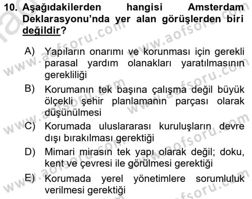 Kentsel ve Çevresel Koruma Dersi 2021 - 2022 Yılı Yaz Okulu Sınav Soruları 10. Soru