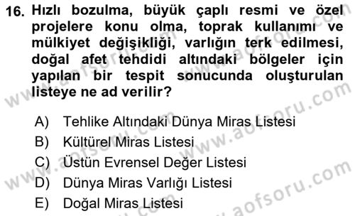 Kentsel ve Çevresel Koruma Dersi 2021 - 2022 Yılı Yaz Okulu Sınav Soruları 16. Soru