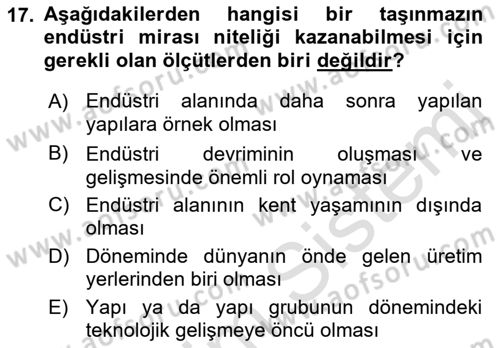 Kentsel ve Çevresel Koruma Dersi 2021 - 2022 Yılı Yaz Okulu Sınav Soruları 17. Soru