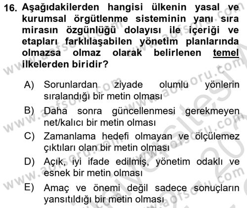 Kentsel ve Çevresel Koruma Dersi 2022 - 2023 Yılı Yaz Okulu Sınav Soruları 16. Soru