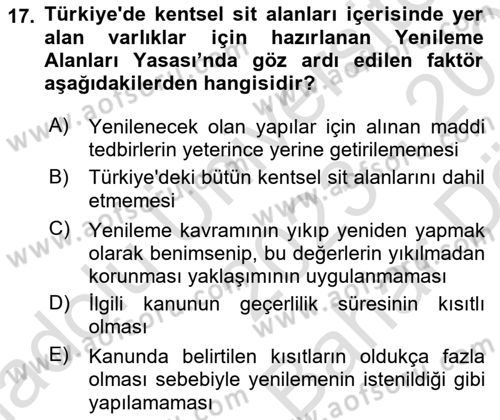 Kentsel ve Çevresel Koruma Dersi 2023 - 2024 Yılı (Vize) Ara Sınav Soruları 17. Soru