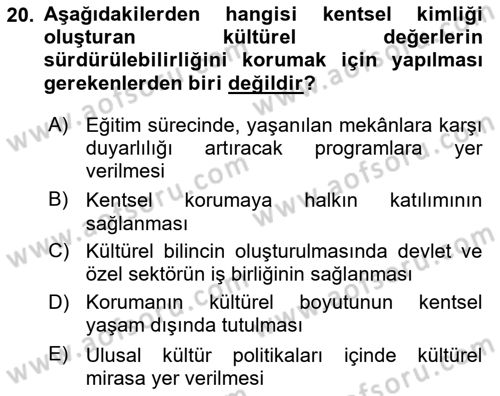 Kentsel ve Çevresel Koruma Dersi 2023 - 2024 Yılı (Vize) Ara Sınav Soruları 20. Soru