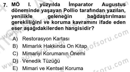 Kentsel ve Çevresel Koruma Dersi 2023 - 2024 Yılı (Vize) Ara Sınav Soruları 7. Soru