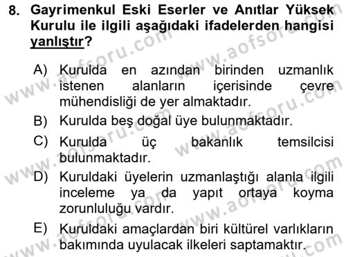 Kentsel ve Çevresel Koruma Dersi 2023 - 2024 Yılı (Vize) Ara Sınav Soruları 8. Soru
