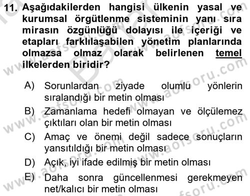 Kentsel ve Çevresel Koruma Dersi 2023 - 2024 Yılı (Final) Dönem Sonu Sınav Soruları 11. Soru