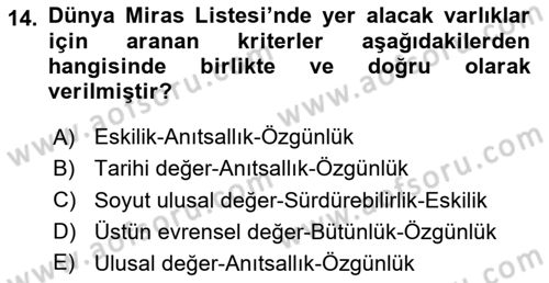 Kentsel ve Çevresel Koruma Dersi 2023 - 2024 Yılı (Final) Dönem Sonu Sınav Soruları 14. Soru
