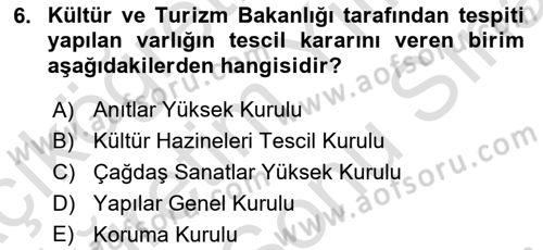 Kentsel ve Çevresel Koruma Dersi 2023 - 2024 Yılı (Final) Dönem Sonu Sınav Soruları 6. Soru