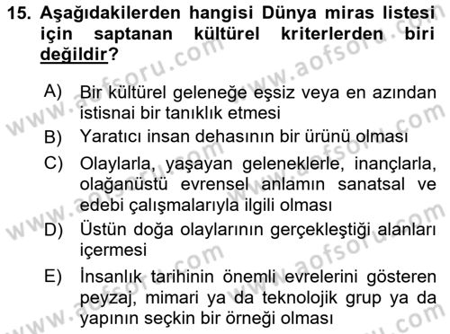 Kentsel ve Çevresel Koruma Dersi 2023 - 2024 Yılı Yaz Okulu Sınav Soruları 15. Soru