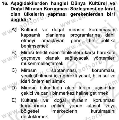 Kentsel ve Çevresel Koruma Dersi 2023 - 2024 Yılı Yaz Okulu Sınav Soruları 16. Soru