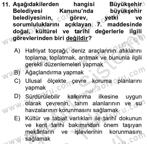 Kentsel ve Çevresel Koruma Dersi 2024 - 2025 Yılı (Vize) Ara Sınav Soruları 11. Soru