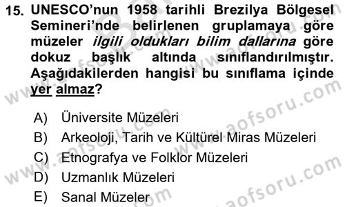 Müzecilik ve Sergileme Dersi Dönem Sonu Sınavı Deneme Sınav Soruları 15. Soru