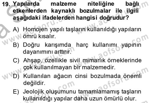 Restorasyon ve Koruma İlkeleri Dersi 2013 - 2014 Yılı (Vize) Ara Sınav Soruları 19. Soru