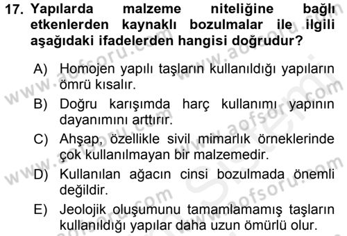 Restorasyon ve Koruma İlkeleri Dersi 2015 - 2016 Yılı (Vize) Ara Sınav Soruları 17. Soru