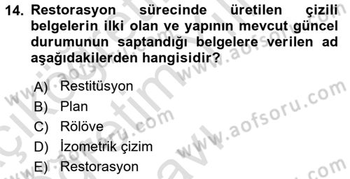 Restorasyon ve Koruma İlkeleri Dersi 2023 - 2024 Yılı Yaz Okulu Sınav Soruları 14. Soru