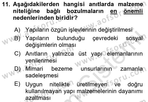 Restorasyon ve Koruma İlkeleri Dersi 2025 - 2026 Yılı (Vize) Ara Sınav Soruları 11. Soru