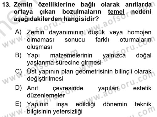 Restorasyon ve Koruma İlkeleri Dersi 2025 - 2026 Yılı (Vize) Ara Sınav Soruları 13. Soru
