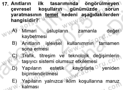 Restorasyon ve Koruma İlkeleri Dersi 2025 - 2026 Yılı (Vize) Ara Sınav Soruları 17. Soru