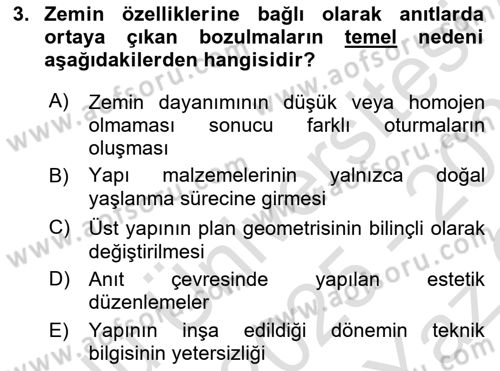 Restorasyon ve Koruma İlkeleri Dersi 2025 - 2026 Yılı Yaz Okulu Sınav Soruları 3. Soru
