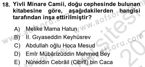Türkiye´nin Kültürel Mirası 2 Dersi 2023 - 2024 Yılı (Final) Dönem Sonu Sınav Soruları 18. Soru