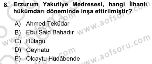 Türkiye´nin Kültürel Mirası 2 Dersi 2024 - 2025 Yılı (Final) Dönem Sonu Sınav Soruları 8. Soru
