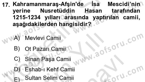 Türkiye´nin Kültürel Mirası 2 Dersi 2025 - 2026 Yılı (Vize) Ara Sınav Soruları 17. Soru