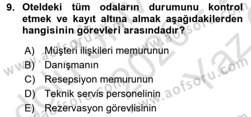 Konaklama İşletmeciliği Dersi 2020 - 2021 Yılı Yaz Okulu Sınav Soruları 9. Soru