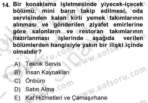 Konaklama İşletmeciliği Dersi 2021 - 2022 Yılı (Final) Dönem Sonu Sınav Soruları 14. Soru