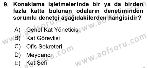 Konaklama İşletmeciliği Dersi 2021 - 2022 Yılı Yaz Okulu Sınav Soruları 9. Soru