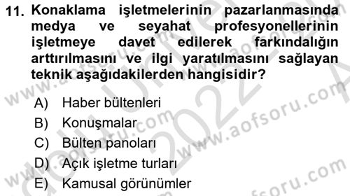 Konaklama İşletmeciliği Dersi Ara Sınavı Deneme Sınav Soruları 11. Soru