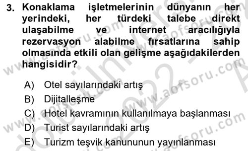 Konaklama İşletmeciliği Dersi Ara Sınavı Deneme Sınav Soruları 3. Soru