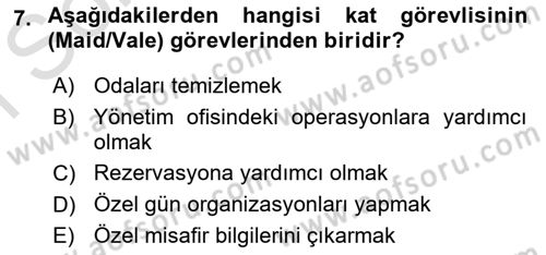 Konaklama İşletmeciliği Dersi 2022 - 2023 Yılı (Final) Dönem Sonu Sınav Soruları 7. Soru