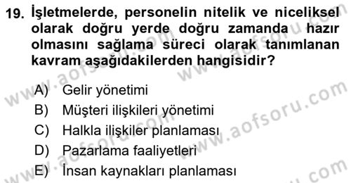 Konaklama İşletmeciliği Dersi 2022 - 2023 Yılı Yaz Okulu Sınav Soruları 19. Soru