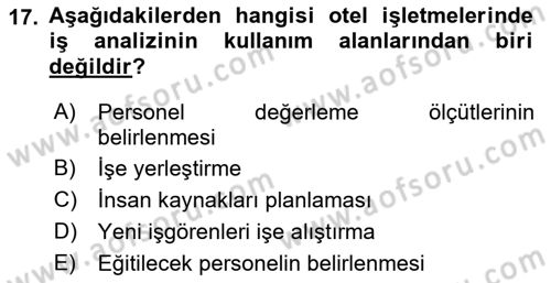 Konaklama İşletmeciliği Dersi Ara Sınavı Deneme Sınav Soruları 17. Soru
