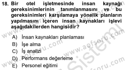 Konaklama İşletmeciliği Dersi Ara Sınavı Deneme Sınav Soruları 18. Soru