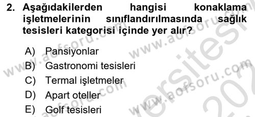 Konaklama İşletmeciliği Dersi Ara Sınavı Deneme Sınav Soruları 2. Soru