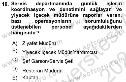 Konaklama İşletmeciliği Dersi 2023 - 2024 Yılı (Final) Dönem Sonu Sınav Soruları 10. Soru