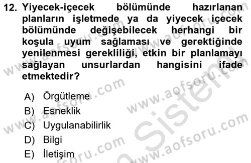 Konaklama İşletmeciliği Dersi 2023 - 2024 Yılı (Final) Dönem Sonu Sınav Soruları 12. Soru