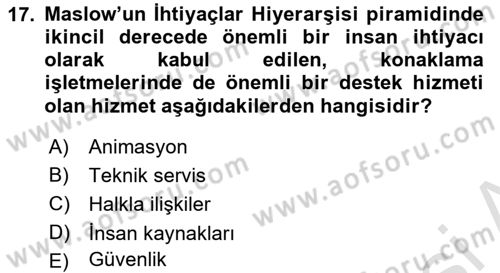 Konaklama İşletmeciliği Dersi 2023 - 2024 Yılı (Final) Dönem Sonu Sınav Soruları 17. Soru