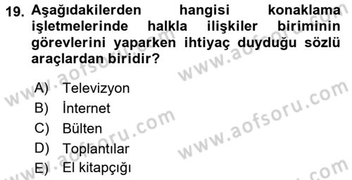 Konaklama İşletmeciliği Dersi 2023 - 2024 Yılı (Final) Dönem Sonu Sınav Soruları 19. Soru