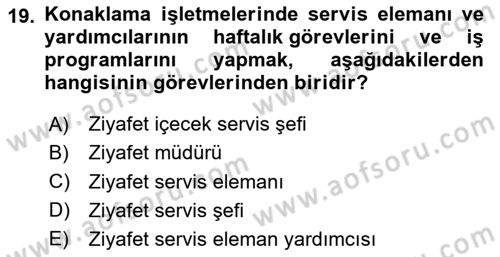 Konaklama İşletmeciliği Dersi 2023 - 2024 Yılı Yaz Okulu Sınav Soruları 19. Soru