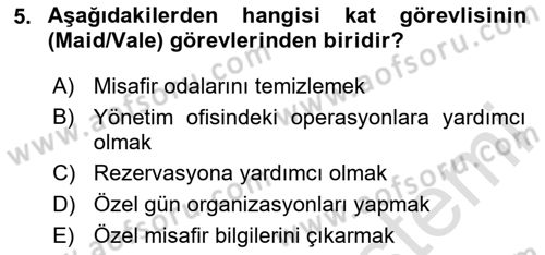 Konaklama İşletmeciliği Dersi 2023 - 2024 Yılı Yaz Okulu Sınav Soruları 5. Soru