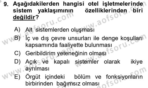 Otel Yönetimi Dersi 2016 - 2017 Yılı (Vize) Ara Sınav Soruları 9. Soru