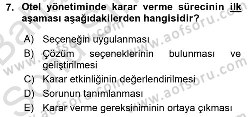 Otel Yönetimi Dersi 2016 - 2017 Yılı (Final) Dönem Sonu Sınav Soruları 7. Soru