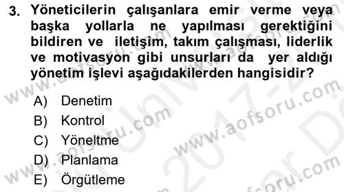 Otel Yönetimi Dersi 2017 - 2018 Yılı (Vize) Ara Sınav Soruları 3. Soru