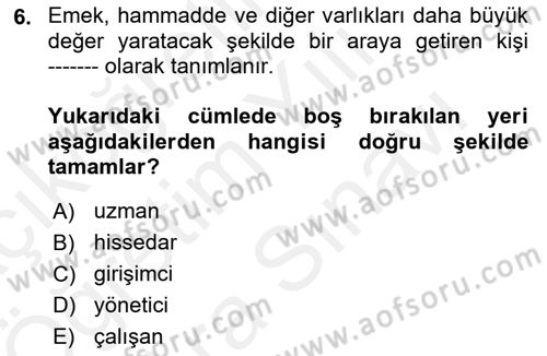 Otel Yönetimi Dersi 2017 - 2018 Yılı (Vize) Ara Sınav Soruları 6. Soru