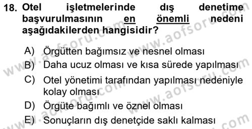 Otel Yönetimi Dersi 2020 - 2021 Yılı Yaz Okulu Sınav Soruları 18. Soru