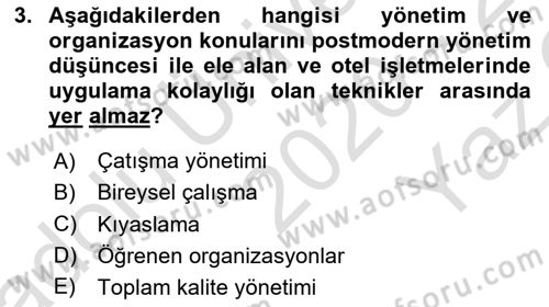 Otel Yönetimi Dersi 2020 - 2021 Yılı Yaz Okulu Sınav Soruları 3. Soru