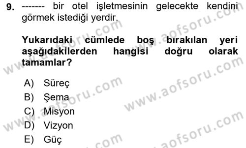 Otel Yönetimi Dersi 2021 - 2022 Yılı (Final) Dönem Sonu Sınav Soruları 9. Soru